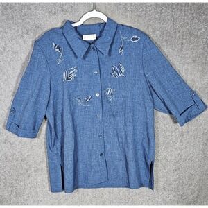 Vintage Pride & Joy Button Up Top Womens Size 18WP Blue Floral Embroidery USA